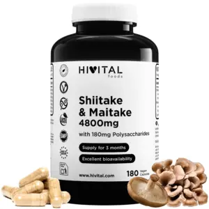 Shiitake and maitake 4800 mg. 180 vegan capsules for 3 months of treatment. 30% polysaccharides. Mixture of natural shitake and maitake extracts. Made in spain by hivital